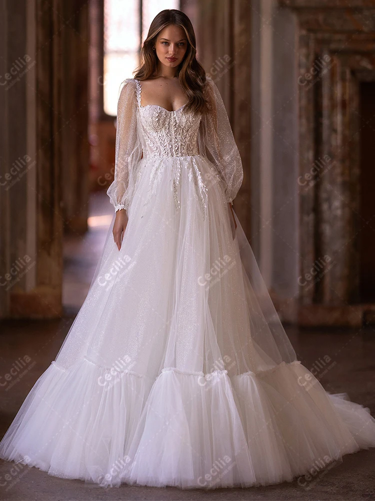 Exquisite Wedding Dresses A-Line Tulle Tiered Bridal Gowns Lace Appliques Long Puff Sleeves Robes Pretty Vestidos De Novia 2024