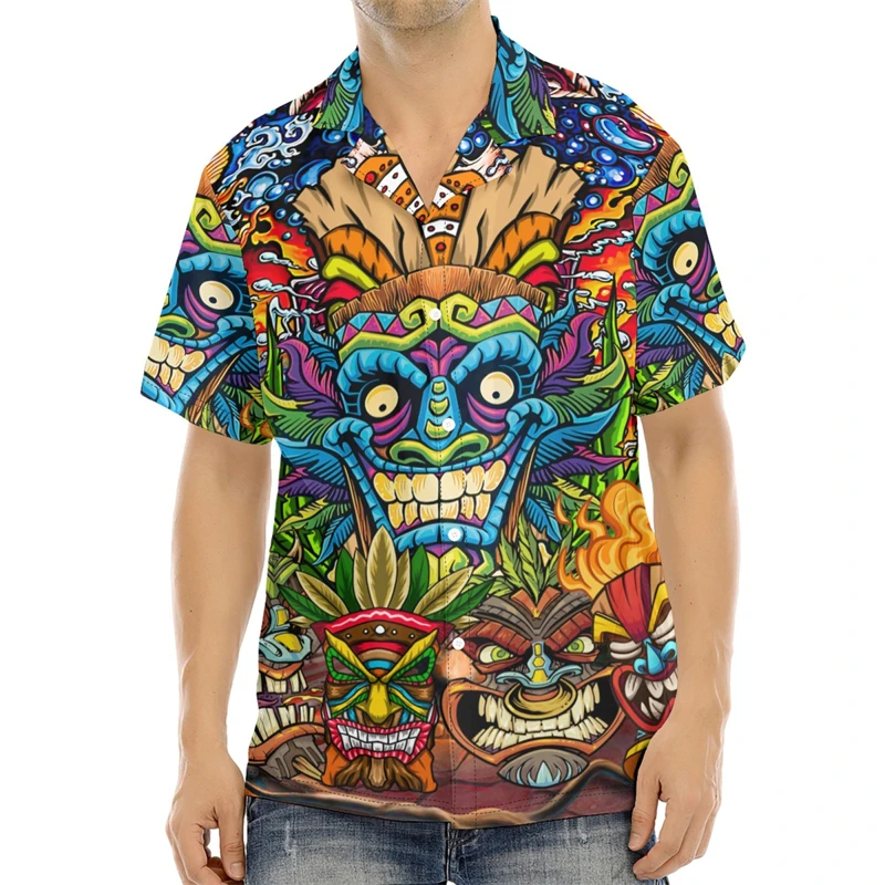 Tiki Moai 3D Print Hawaii Shirts Men Women Vintage Funny Vegetables Graphic Blouses Kids Casual Y2k Beach Shirts Unisex Clothing