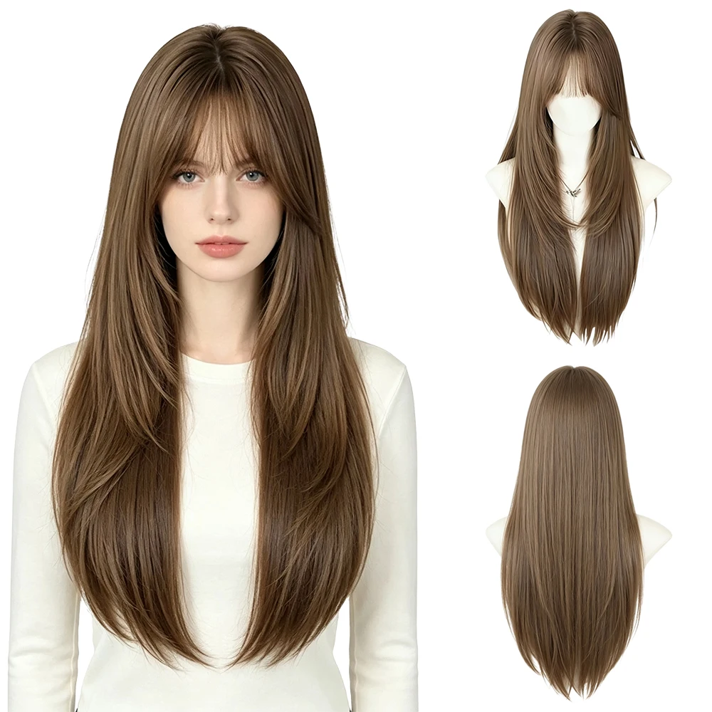 65cm Ash Brown Long Straight Wig Natural Looking Layered with Bangs Heat Resistant Synthetic Wig For Women Daily Cosplay Party