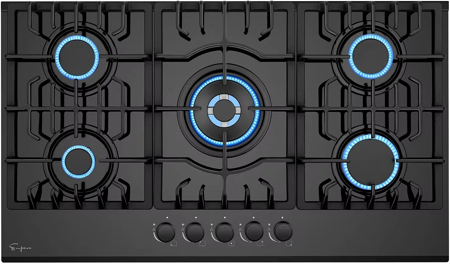 Poêle à gaz en verre de 36 pouces, 5 médicaments de cuisson au gaz importés d'Italie, poêle à brûleurs SabPG Y, 36 pouces, noir