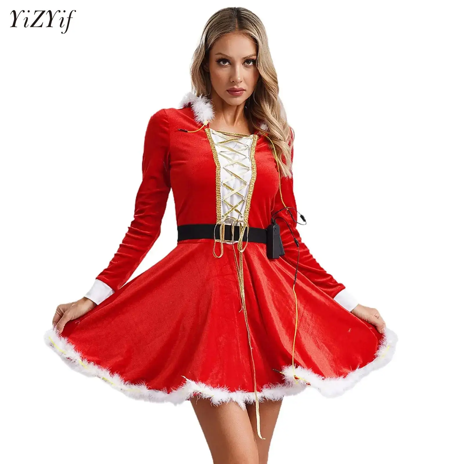 

Women Christmas Elf Party Costume Hooded Long Sleeve Front Criss-cross Plush Trimming Tutu Dress with Belt Santa Claus Dress