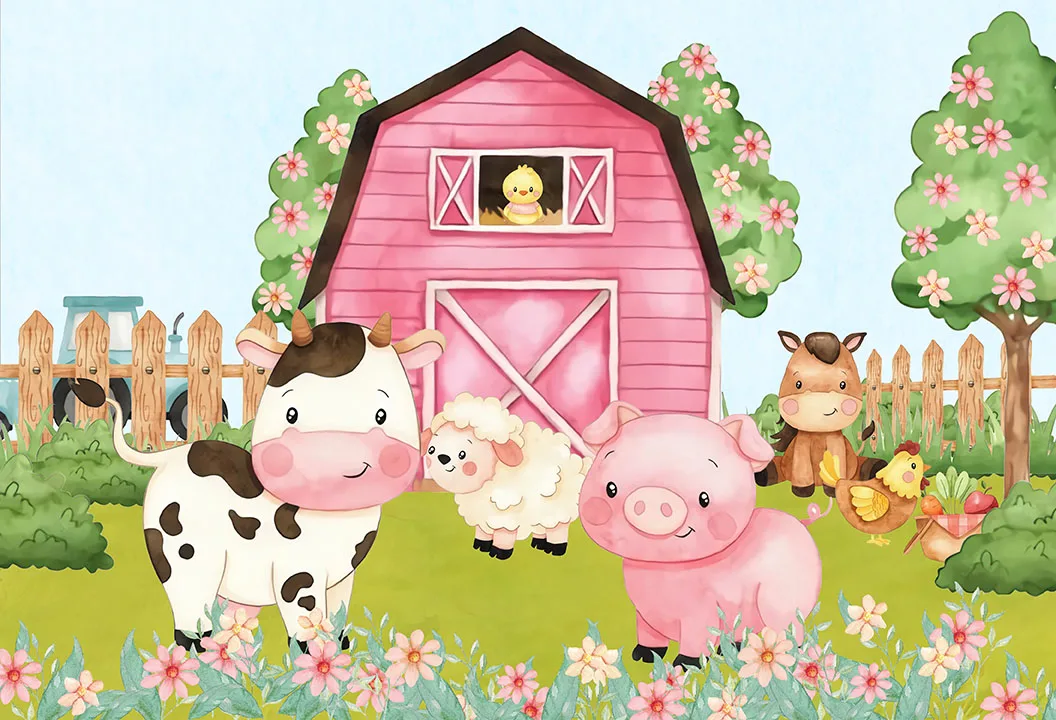 Farm Animal Pony Backdrop Kids Happy Birthday Decoration Cow Windmill Fence Photography Background Baby Shower Studio Banner