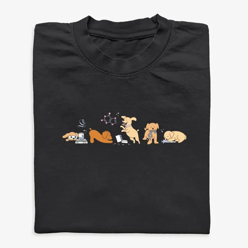 Women's T-shirt with Cartoon Cat and Dog Designs Themed Around Science Experiments and Animals Casual Shortsleeved Crew Neck Top