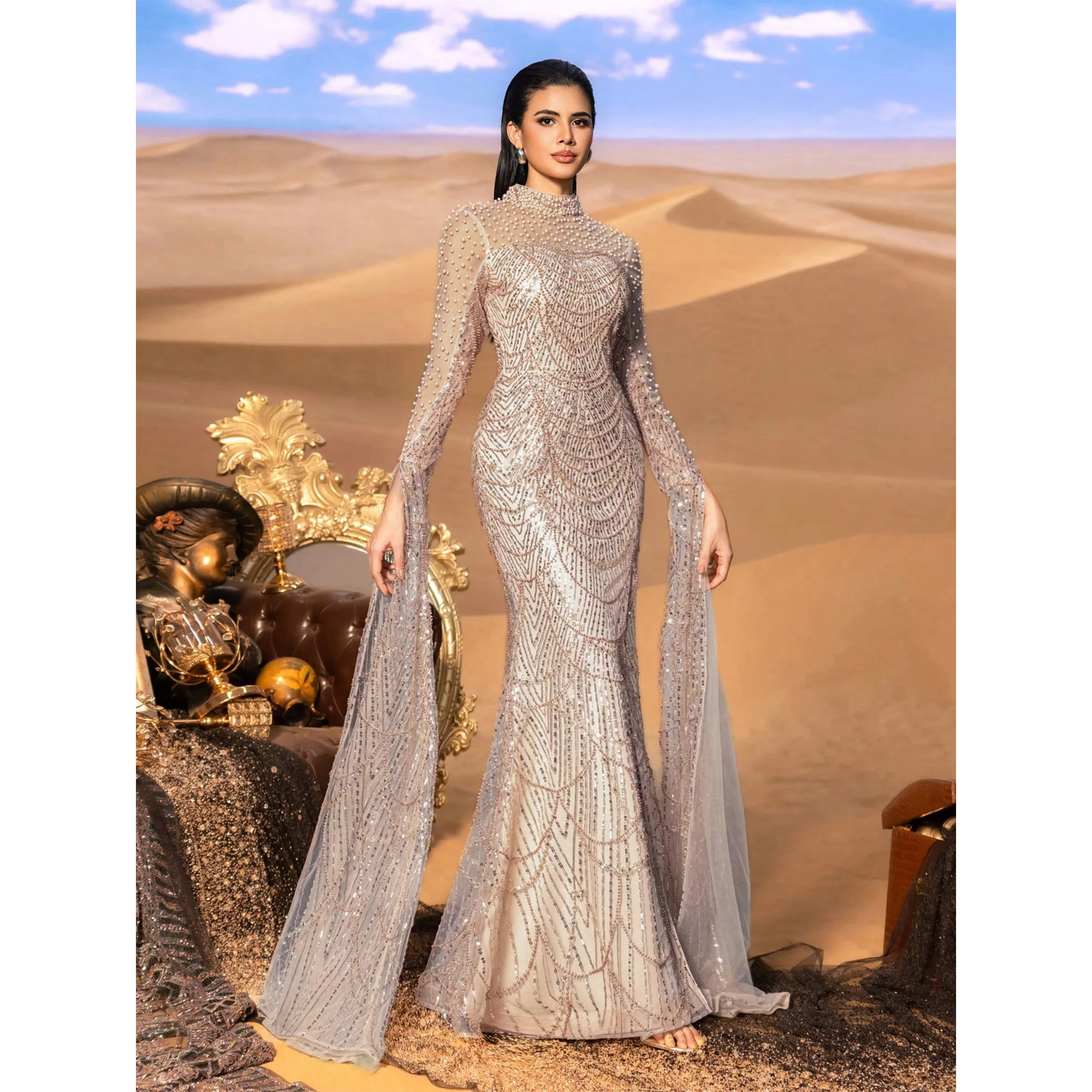 

Elegant Beaded Extra-Long Sleeves Formal Dress with Pearl Embellishments &for High-Fashion Premieres & Luxury Banquet Events