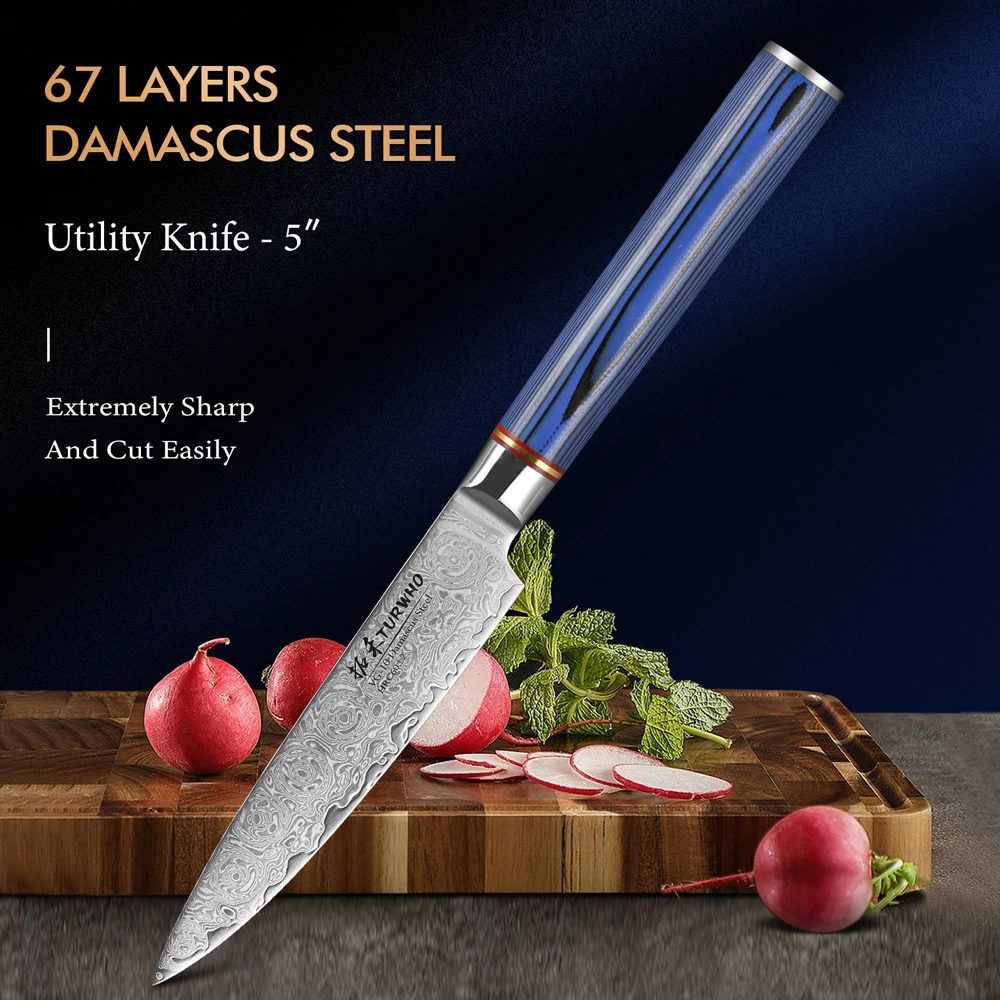 TURWHO 5 Inch Utility Knife 67 Layer Damascus Steel Kitchen Knives Paring Slicing Meat Vegetables Chef Cooking Tools G10 Handle