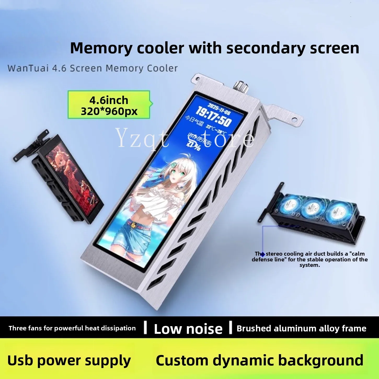 Three-fan memory stick radiator USB secondary screen version, metal shell computer monitoring 4.6 inches, custom screen display