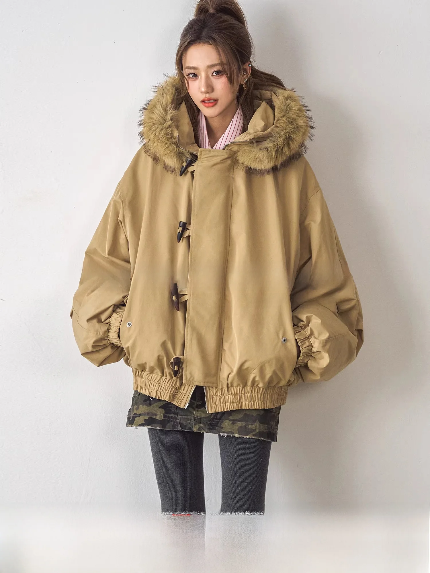 

Warm Thiened Cotton Jaet Women's Parka Coat with Fur Collar Loose Fit Chant2nd Korean Sle Winter Outerwear