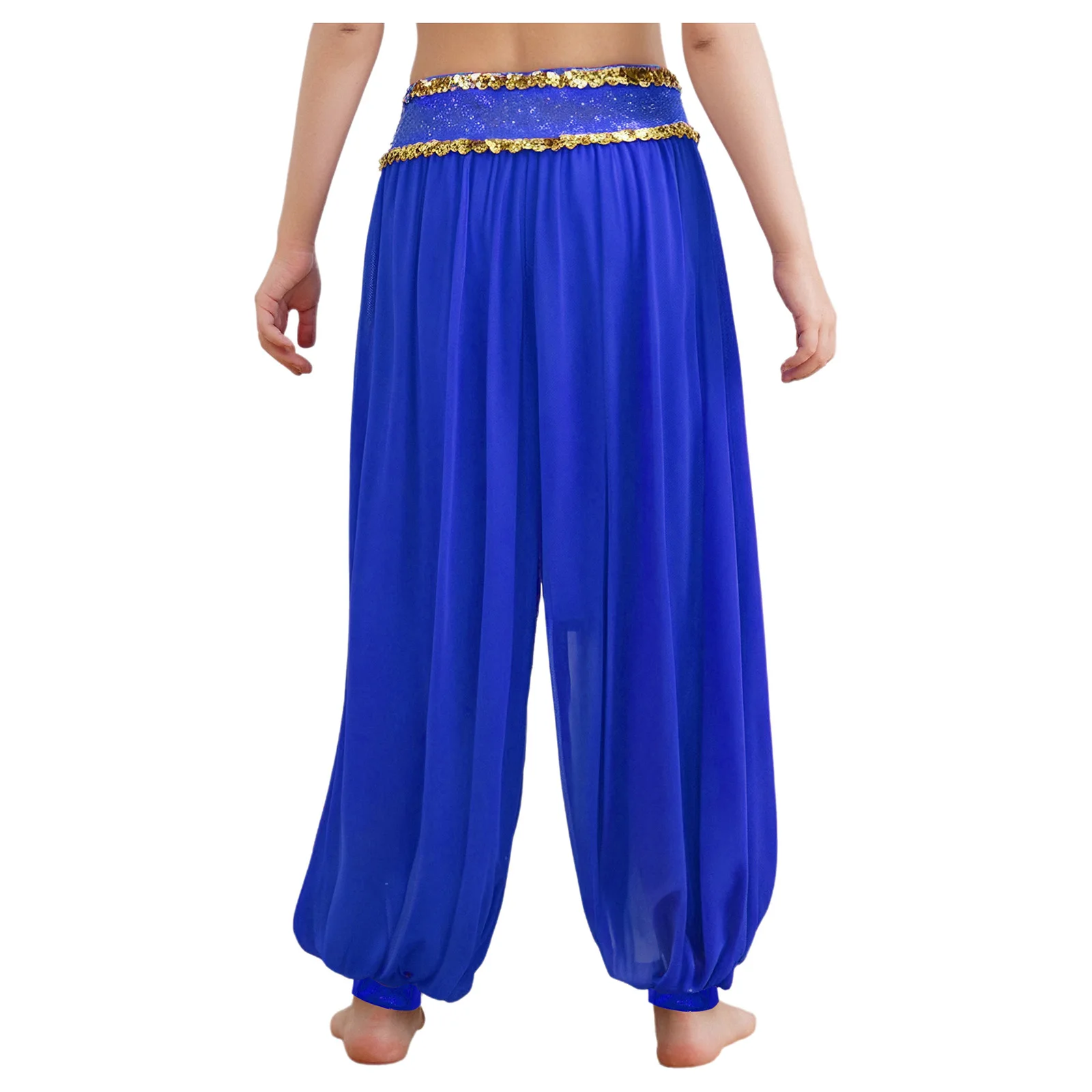 Pantaloni da costume da danza del ventre da principessa araba per ragazze Pantaloni lunghi da danza indiana Cintura dorata Pantaloni da ballo Harem in chiffon vestibilità ampia