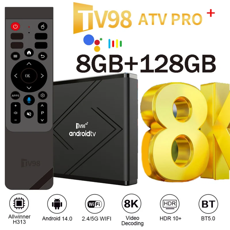 

Новый TV98 ATV Pro Plus TV Box Android 14, медиаплеер, 4G, 5G, двойной Wi-Fi6, 8K, 4K BT5.0, голосовой пульт дистанционного управления Allwinner H313, четырехъядерный процессор iptv
