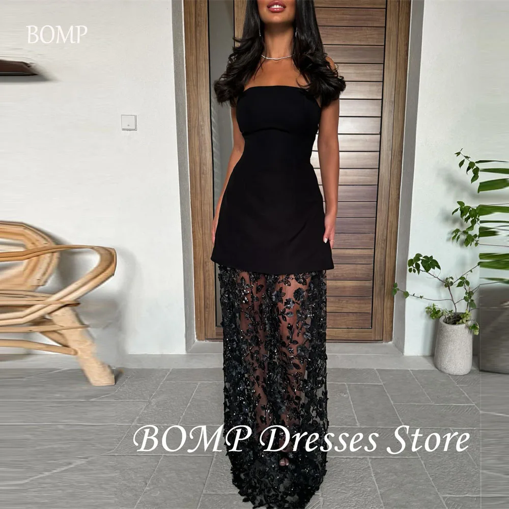 BOMP Black Formal Evening Dresses Lace UnderSkirt Arabic Women Strapless Prom Occasion Party Dress Customized Wedding Party