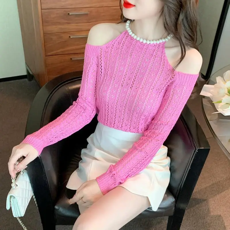 Spring Autumn New Carefully Machine Hollow Neck Hanging Shoulder Women's Knitted Bottom Shirt with Inner Layer to Look Thin Top