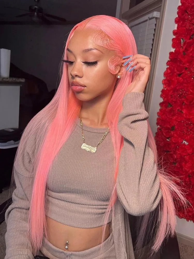 

Pink Straight Wig Lace Front Human Hair Accessories For Women 13x4 Transparent Lace Frontal Wig Blackpink Brazilian Wigs On Sale