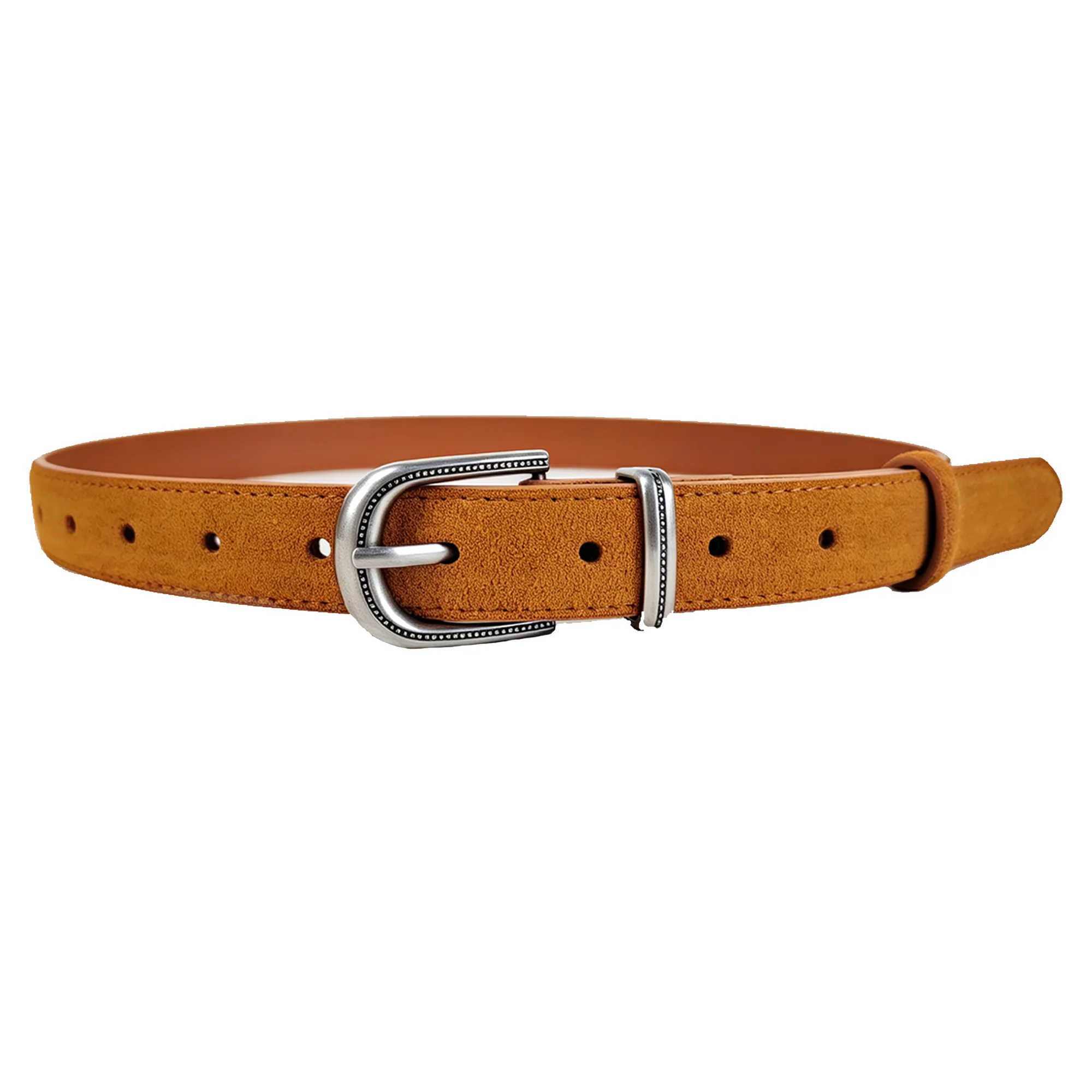 Fashion Split Cowhide Caramel Matte Belt for Women, Silver Metal Buckle, Cinch Waist Belt, Ideal for Coats