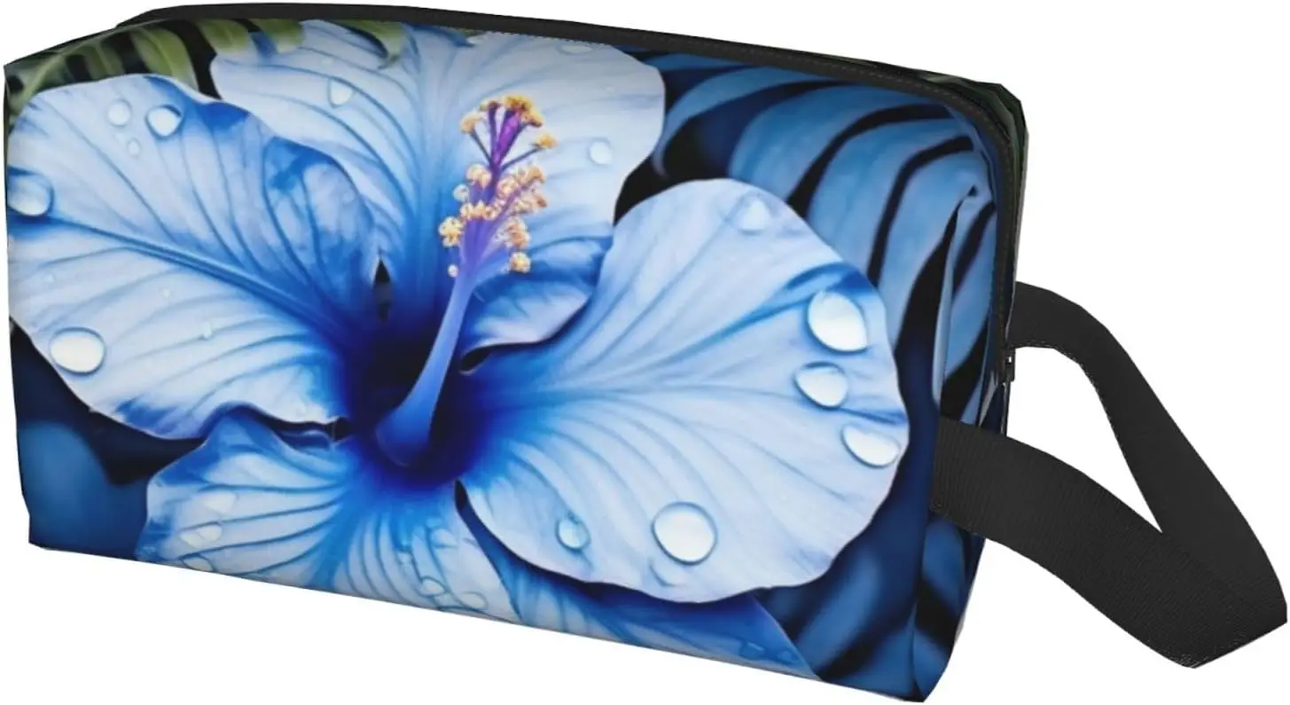 Travel Toiletry Bag for Women Men Leather Makeup Bag Large Portable Travel Organizer blue flower tropical Cosmetic Bag