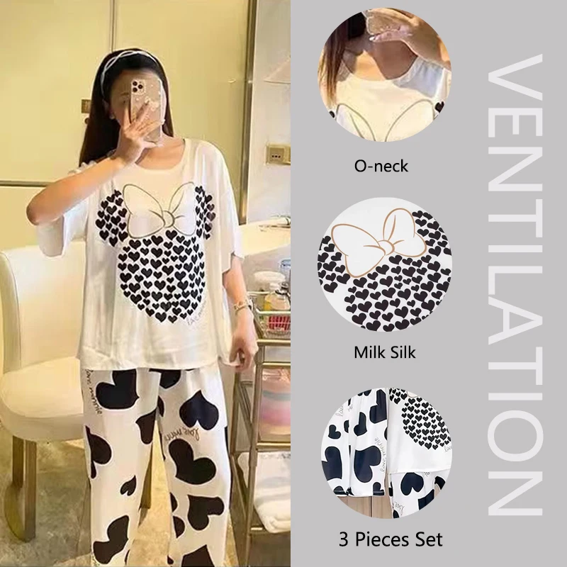 3PCS/Set Women Silk Pajama Sets Short Sleeve Long Trousers Homewear Cute Sleepwear O-Neck Summer Home Wear Ladies Big Size Xl