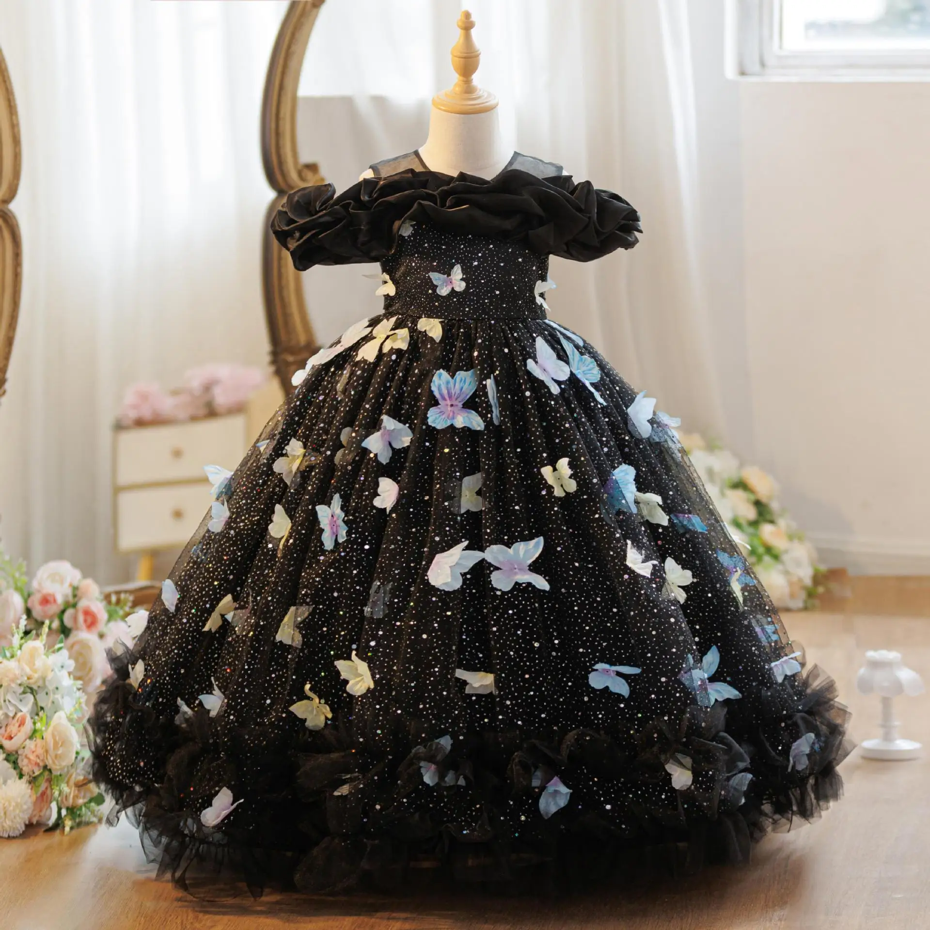New Elegant Party Dress for Girls Butterflies Flower Girl Wedding Dresses Princess Clothes From 4 to 12 Years