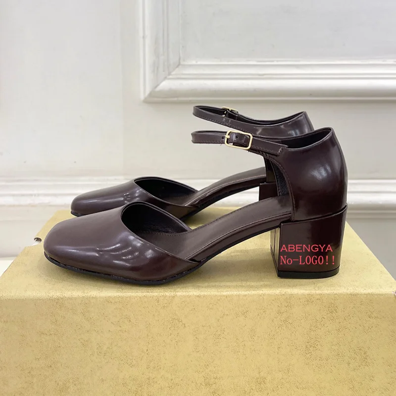 Designer Leather Square Middle Heel Shoes Woman Slingback Ankle Strap Chunky Dress Shoes Summer Sexy Party Prom Shoes For Women
