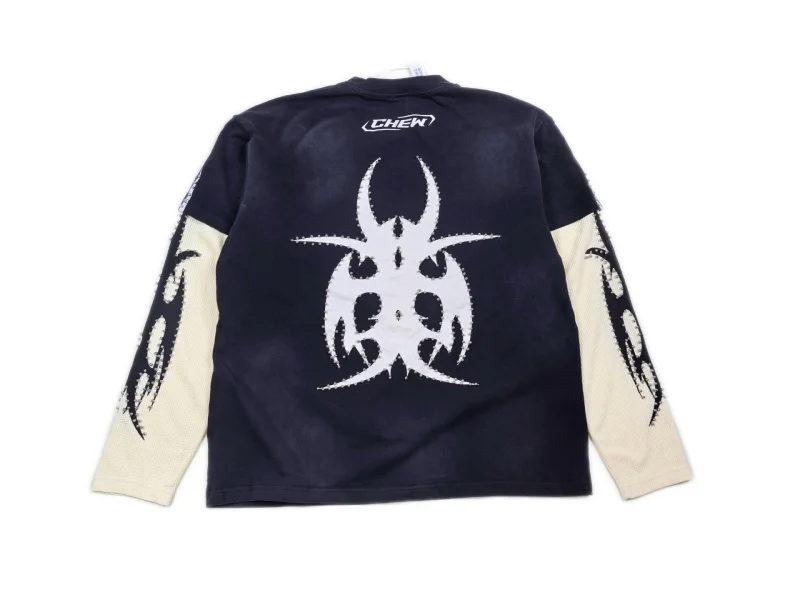 CHEW FOREVER Gothic Totem Fake Two Piece Long Sleeve T-shirt Men Vintage Washed Waffle Splicing Y2K Streetwear Tee