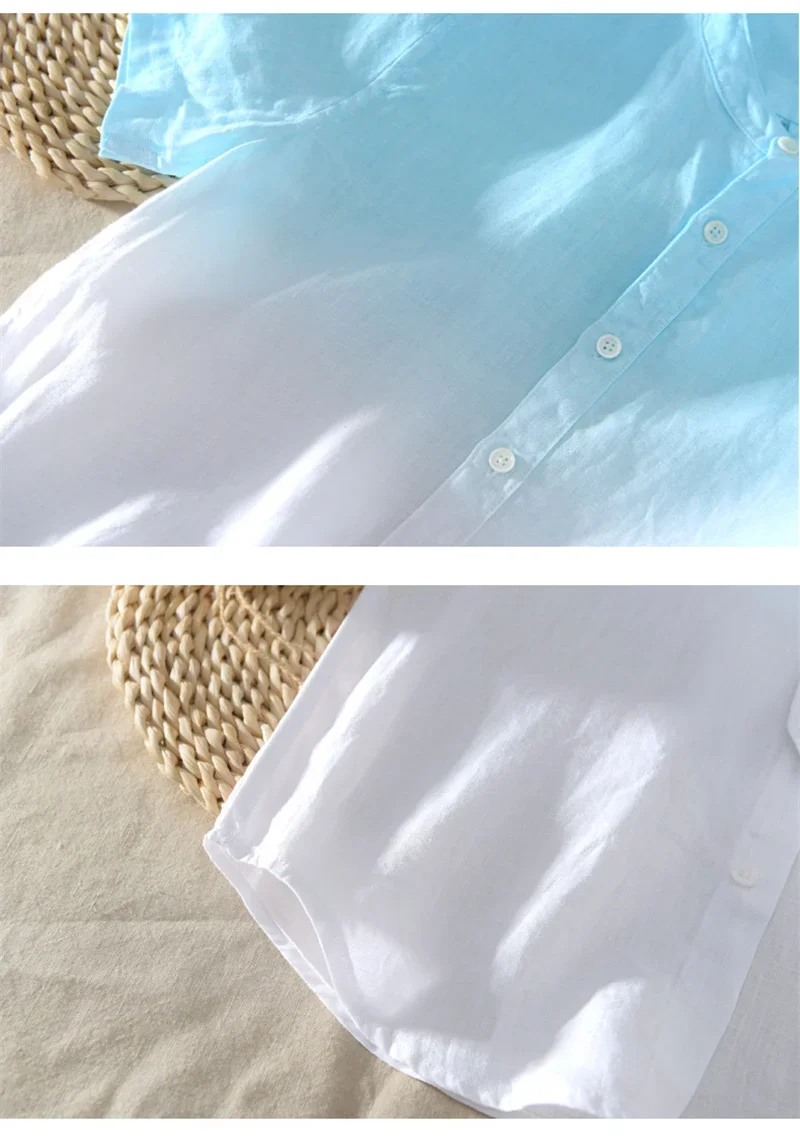 Short-sleeved shirt 100% linen cool breathable comfortable healthy material gradient blue Hawaiian beach men's cardigan shirt image 2
