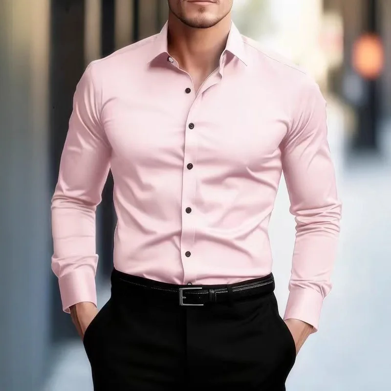 

Мужская деловая рубашка с длинным рукавом, облегающего кроя, в корейском стиле, с декоративной строчкой, не требующая глажки, износостойкая, для весны и осени