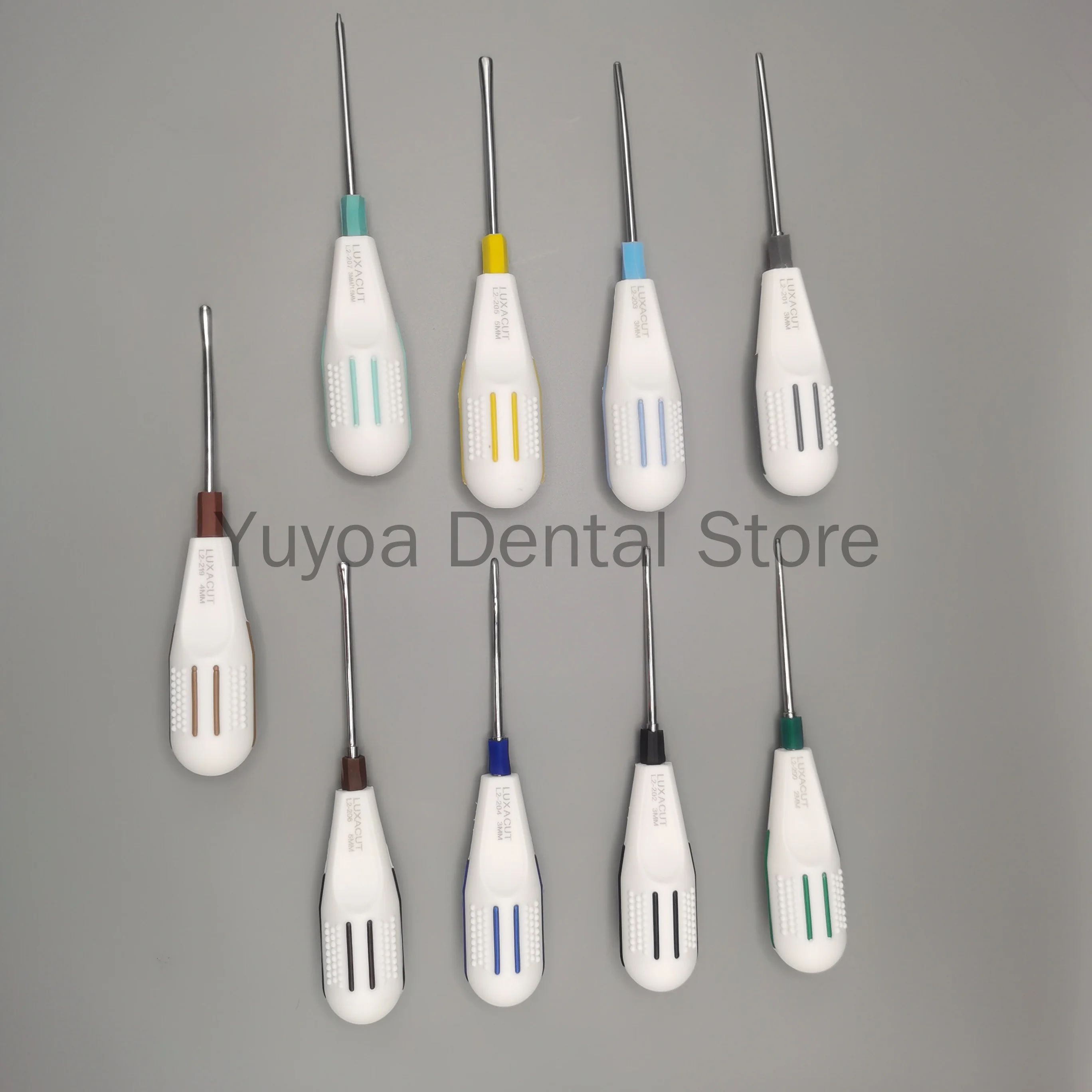 Ascenseur de luxe dentaire en acier inoxydable, ascenseur de racine incurvé, générateurs de dentisterie, tournevis, 9 pièces par ensemble