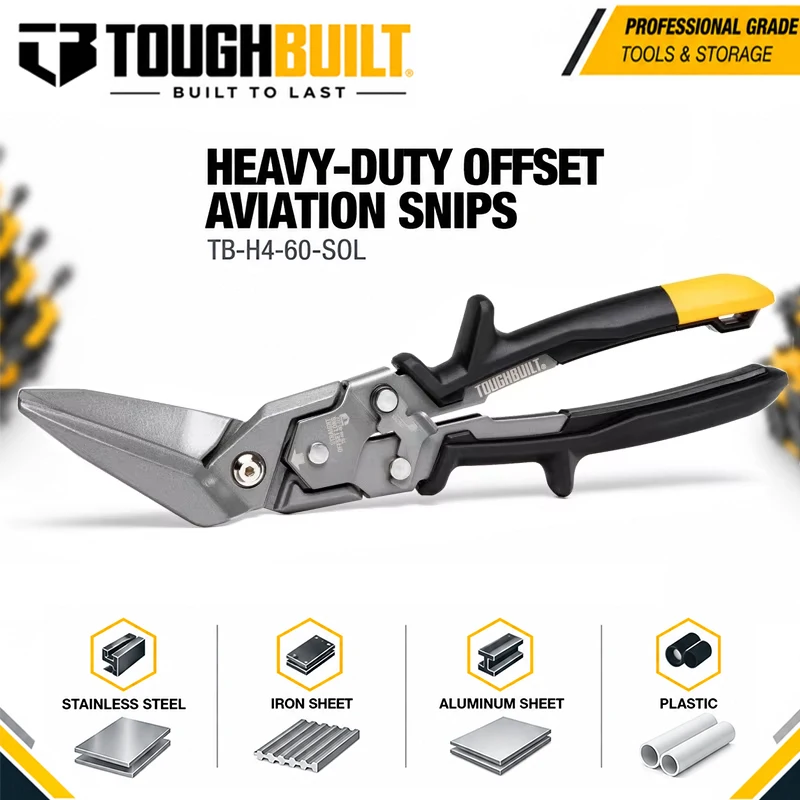TOUGHBUILT TB-H4-60-SOL Straight Offset Aviation Tin Snip, Long Cut, Labor-saving Fast Cutting Metal Hand Tool