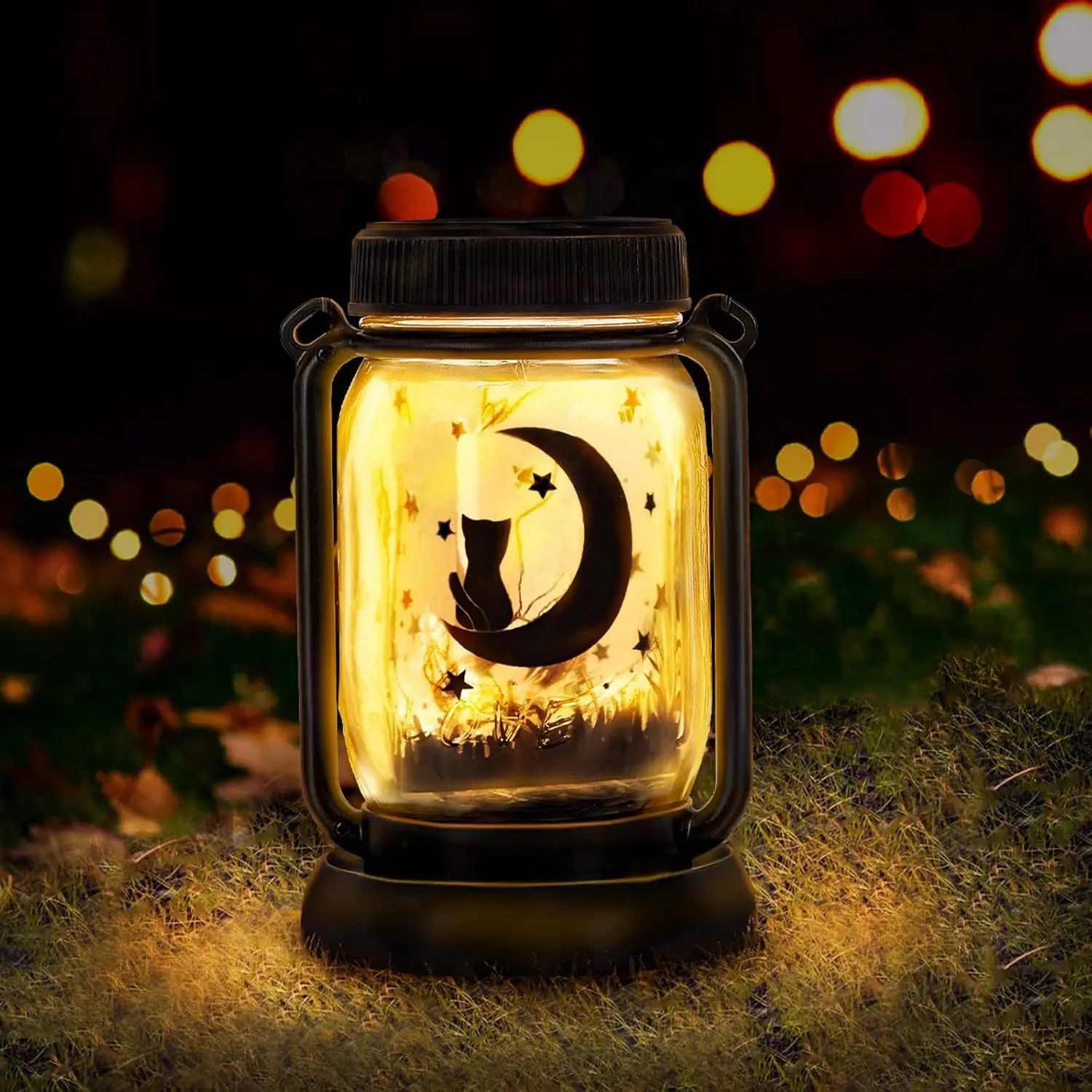 Styleonme Decor Mobile Outdoor Solar Lanterns, Cat & Moon Fairy Lights Theme Garden, Mason Jar Solar, Gifts for Women Mom Gr