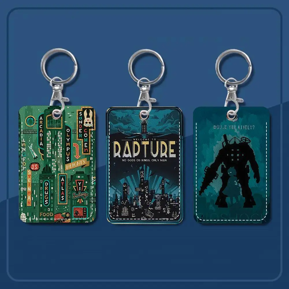 

Retro B-Bioshock R-Rapture Game Rectangle ID Card Case Keychain Access Card Bag Key Ring Leather Card Holder Key Ring Access
