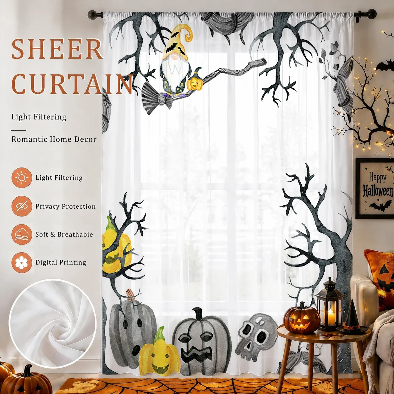 Halloween Festival Sheer Curtain, Good Quality Light Reducing Privacy Voile For Living/Bedroom/Kids Room,Halloween Festival Gift