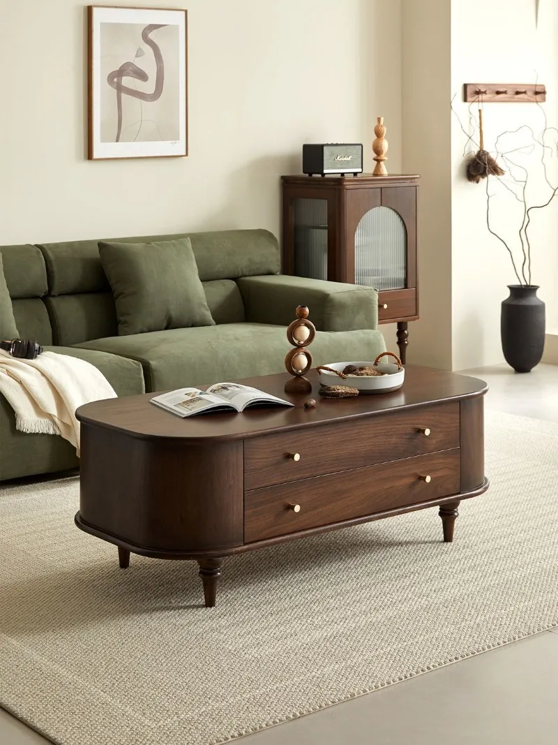 All solid wood coffee table American light luxury oval small apartment simple living room drawer storage tea table TV cabinet
