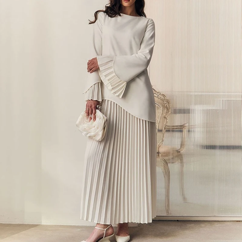 

Nice Spring Fashion Patchwork 2 Piece Sets Lady O Neck Long Sleeved Top + Pleated Skirt Suit Elegant Solid Long Sleeved Party Ou