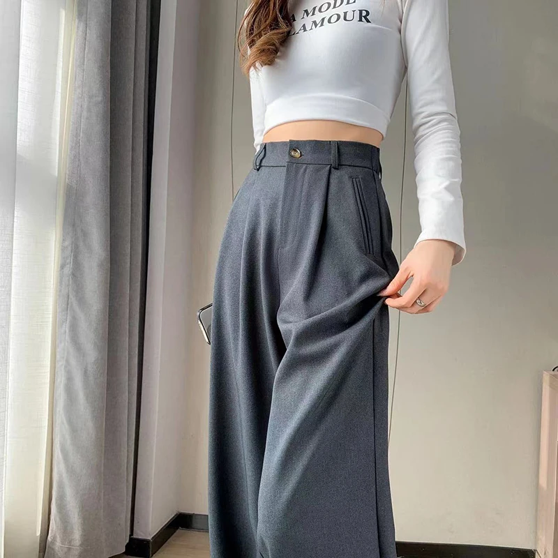 High Waist Khaki Suit Wide Leg Women‘s Full Pants Autumn Female Elegant Minimalism Straight Loose Trousers 2024 New