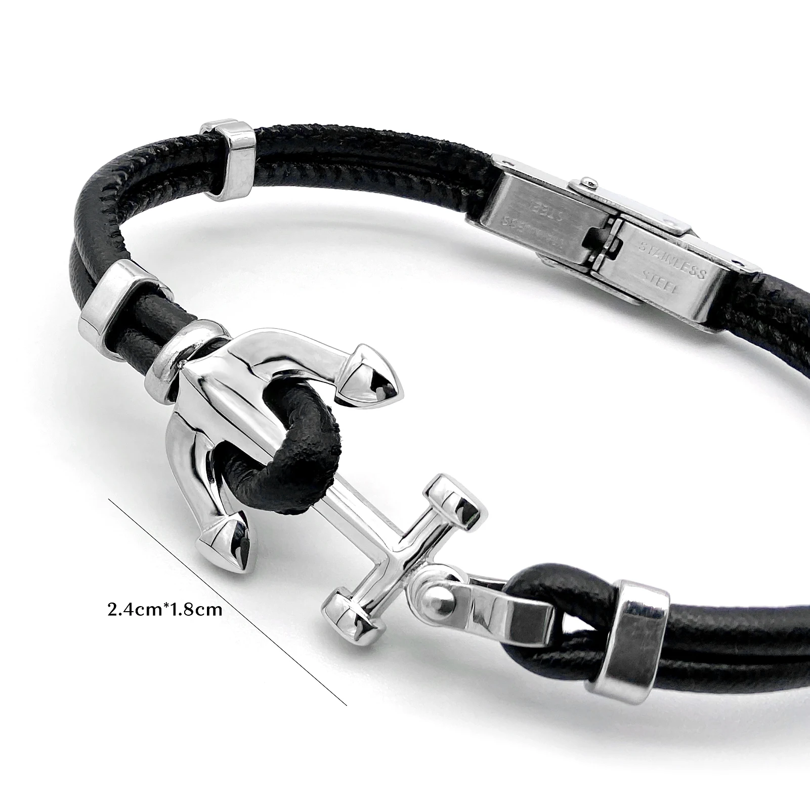 Runda Leather Black Chain with Boat Anchor Accessories Adjustable Length Men's Bracelet