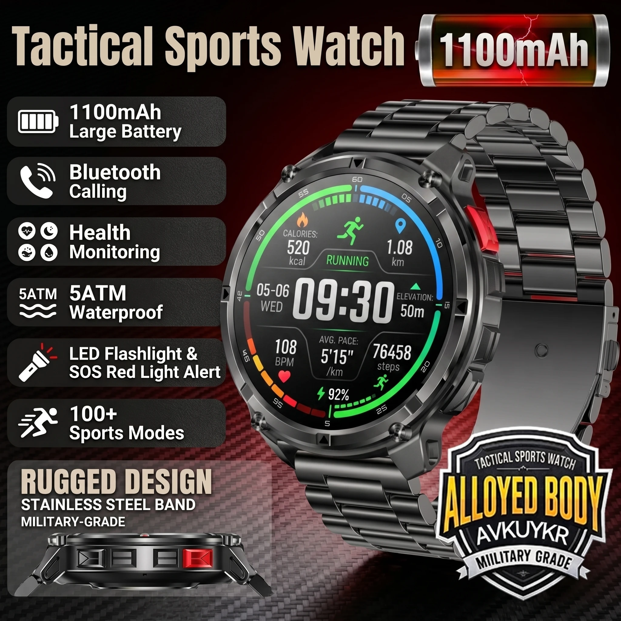 GUHUAVMI 2026 Nouvelle Montre Connectée HT33 à Longue Autonomie, Montre Intelligente Robuste pour Hommes, Sports de Plein Air, Appel Bluetooth, Écran HD 1,7 Pouces 360*360, 1100mAh, Étanche IP68, Boussole, Lampe Torche LED, Suivi de Fréquence Cardiaque, Sommeil et Bien-être, Modes Sportifs, Contrôle de la Caméra, Météo