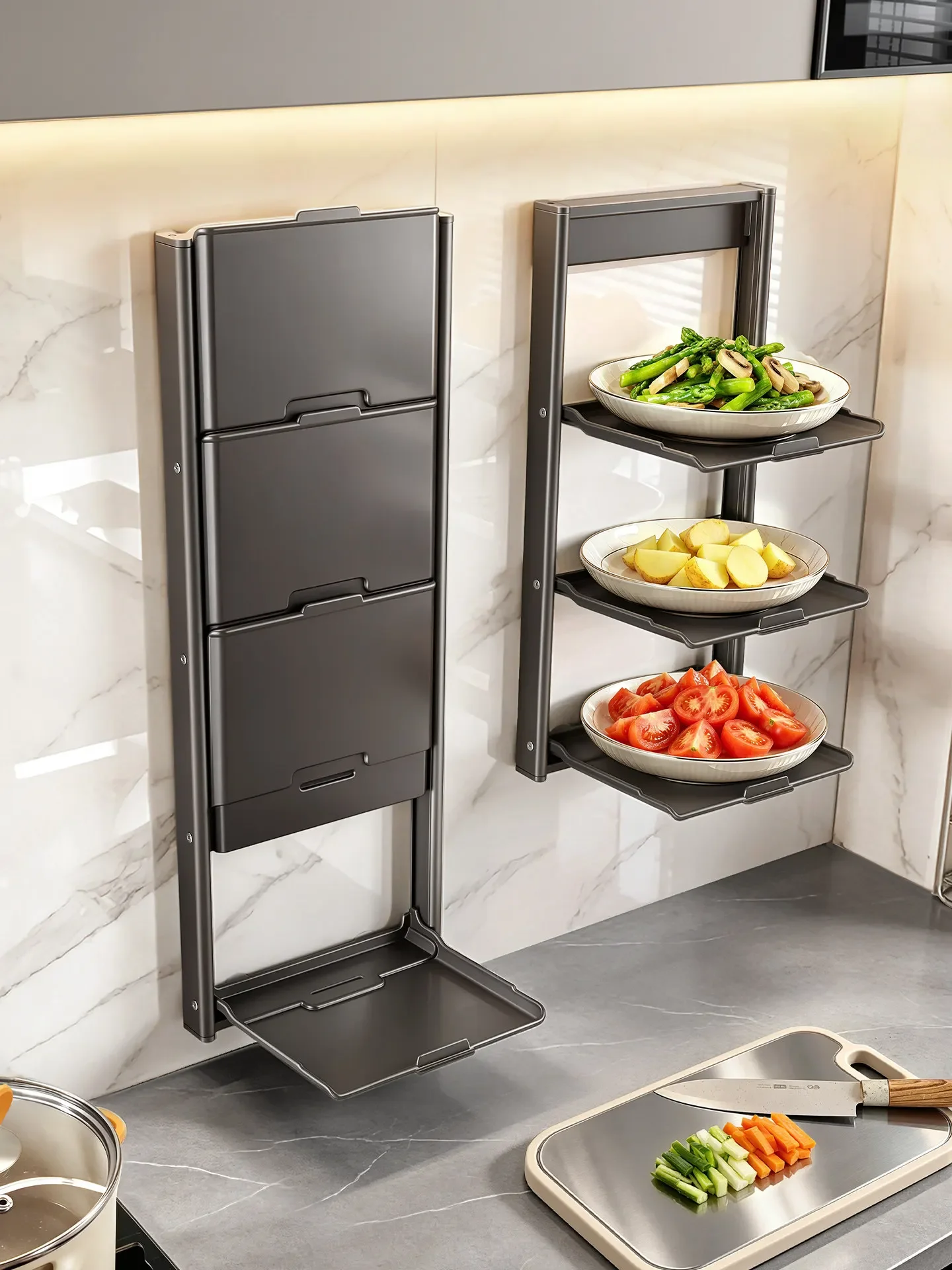 Multilayer Folding Wall Mounted Kitchen Prep Rack No Drill Needed for Hot Pot Ingredients and Bowls