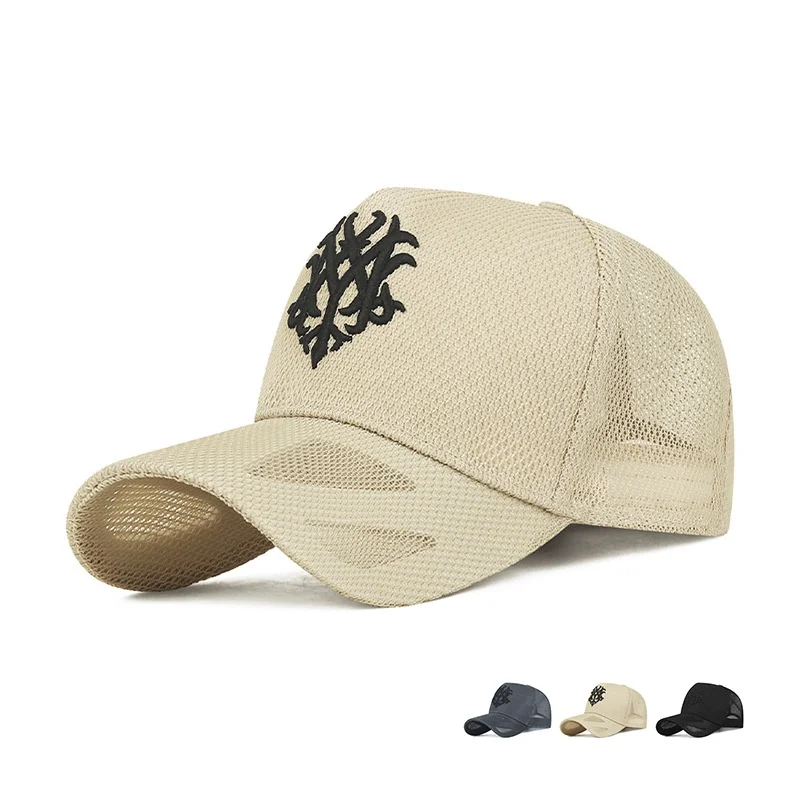Adult Solid Color Full Mesh Snapback Cap Thin Breathable Workwear Embroidered Hat Five Pieces High Top Light Plate Trucker Cap