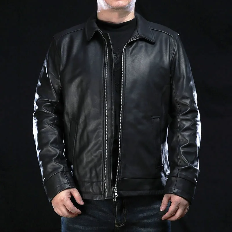 New men's top layer cotton leather with lapel casual mid-leather