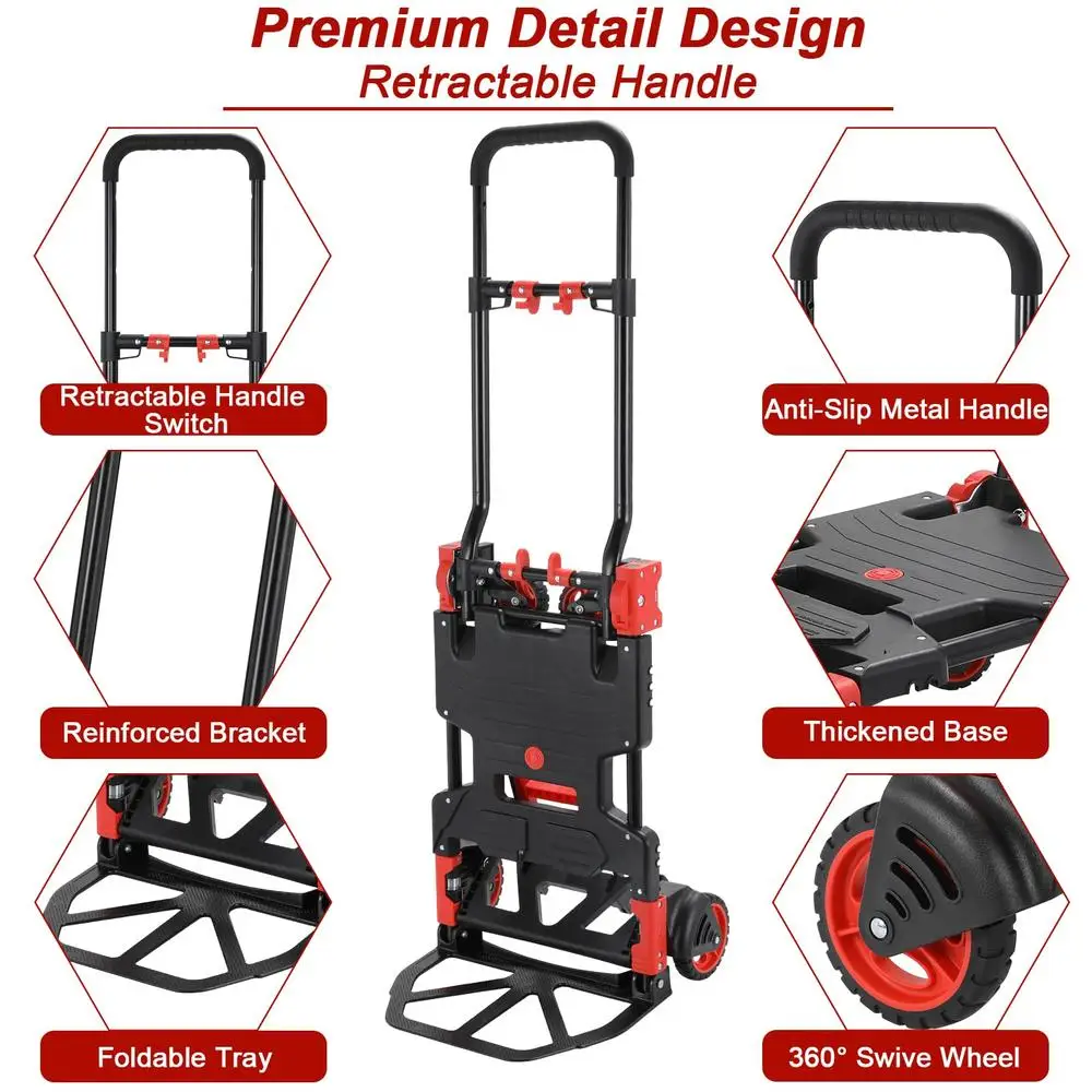 2-in-1 Folding Hand Truck Dolly with Foldable Basket 330LB Platform Cart Utility Cart W/Adjustable Handle & 2 Elastic Ropes