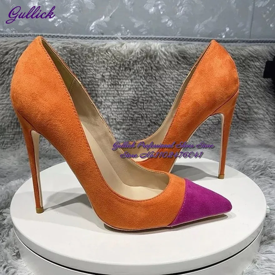 

Gullick Orange Pink Suede Color Patchwork Wedding Shoes 12cm 10cm 8cm Stiletto Heel Pointed Toe Dress Pumps Slip-On Shallow Cut