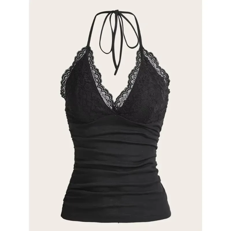 

Black Lace Patchwork Halter Top Y2k Women Clothing Goth Punk Solid Ruched Backless Sleeveless Tank Top Streetwear