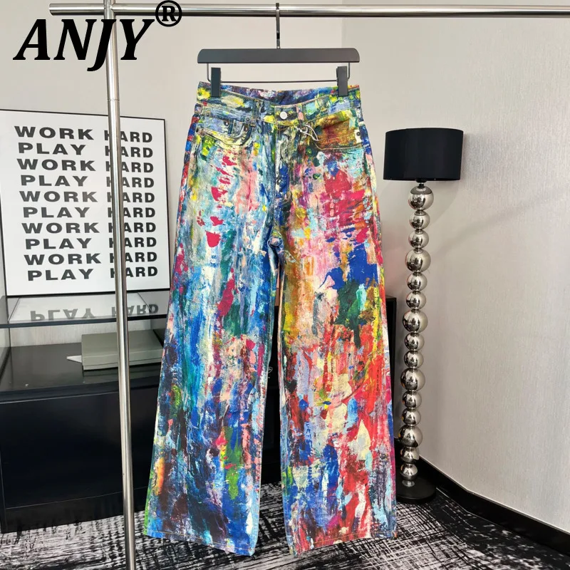

ANJY осень-зима новые женские модные прямые джинсы с 3D принтом и рисунком уличная одежда шикарные стильные лоскутные джинсовые брюки A17898