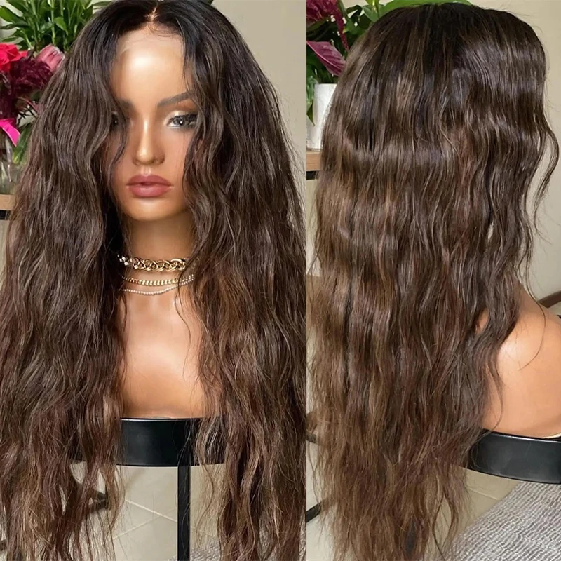 

Natural Long 26Inch Glueless 200Density Highlight Blonde Wave Lace 5x5 Silk Base Human Hair Wig For Women BabyHair Preplucked