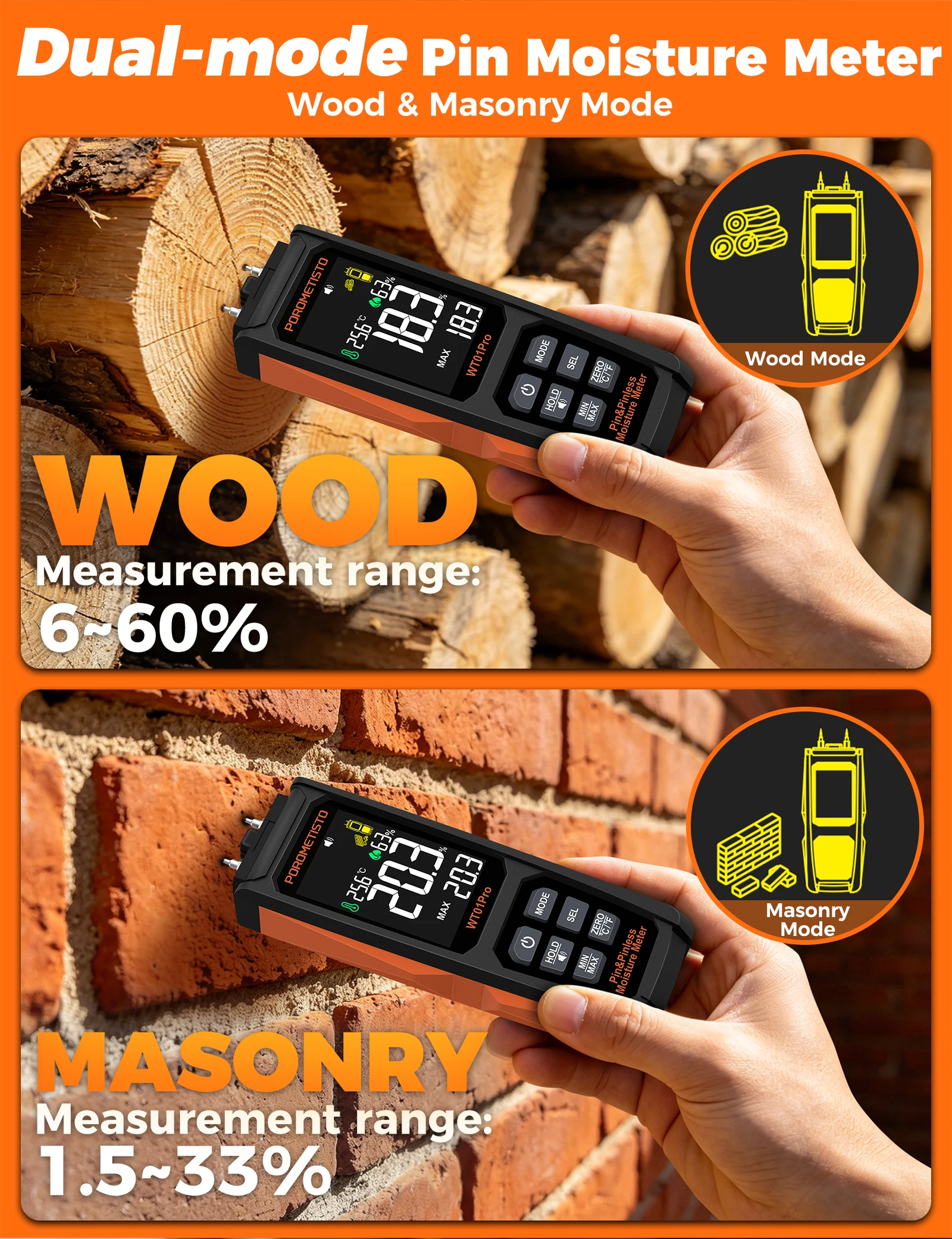 Neues 2-in-1 Digitales Holzfeuchtemessgerät mit und ohne Stifte, 0~99,9% Feuchtigkeitsmesser, Holzfeuchtigkeitsdetektor, Hygrometer für Holz und Beton – Detail 7