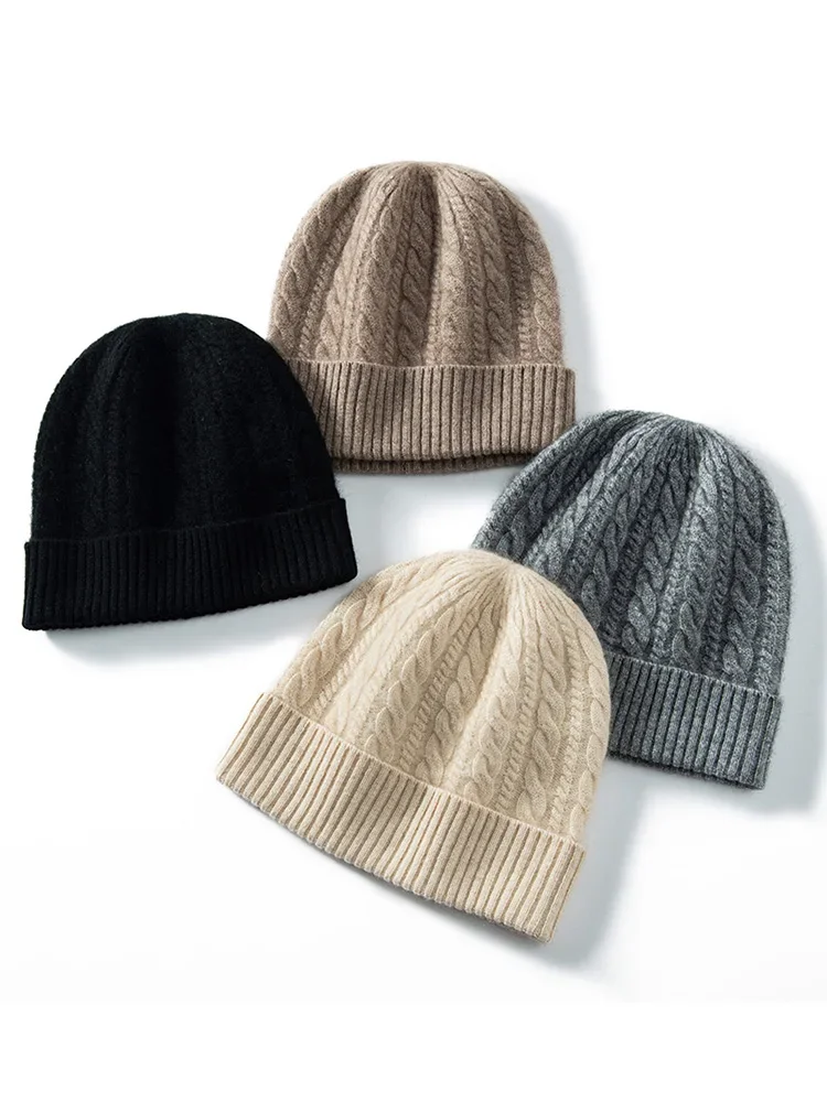 Cashmere Classic Cable Knitted Beanies Women Caps Wool Cashmere Hat Men Warm Hair Bonnet New Year Soft Winter Xmas