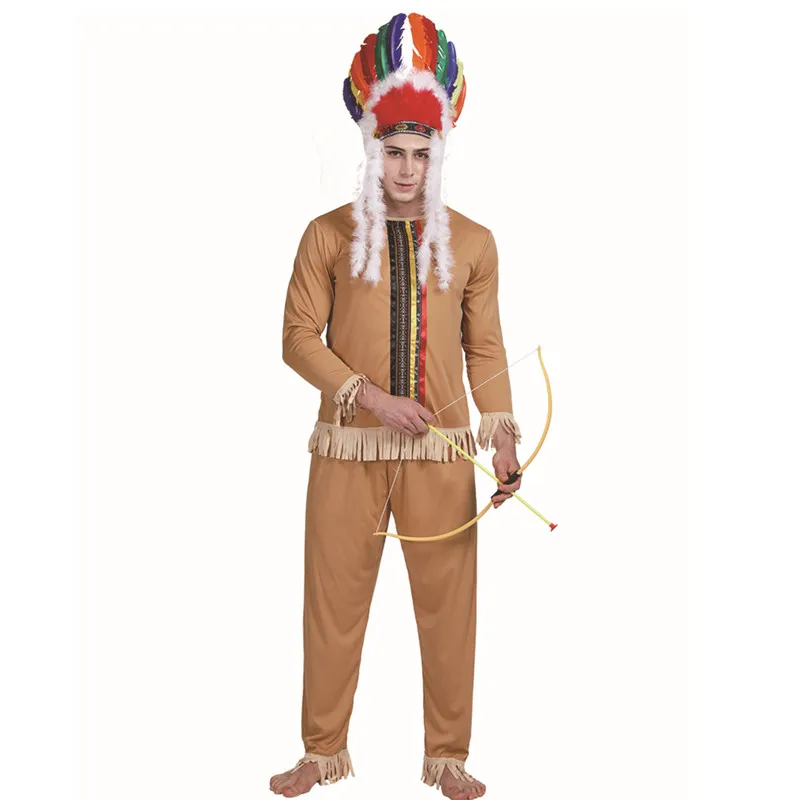 Men Indians Chief Cosplay Adult Halloween Primitive Hunter Warrior Costumes Carnival Purim Parade Role Playing Show Party Dress