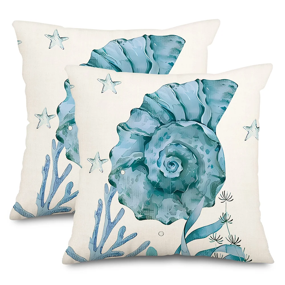 2pcs Coastal Watercolor Conch Seashell Throw Pillow Covers Navy Blue Nautical Ocean Cushion Cases for Home Sofa Bedroom Decor