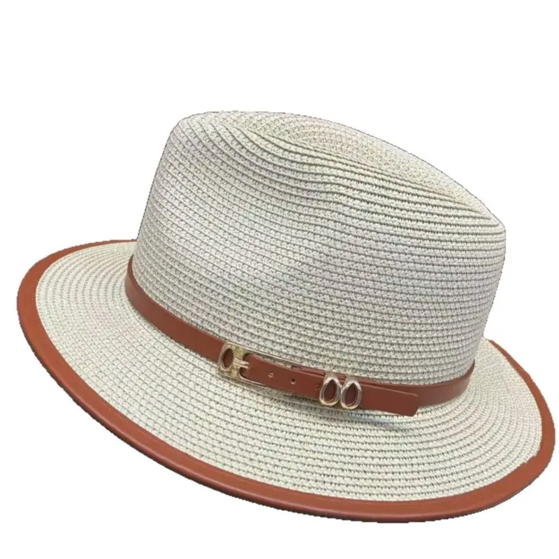 The grass-woven leather-buttoned flat-topped hat is a versatile choice for both men and women in spring summer It top outings