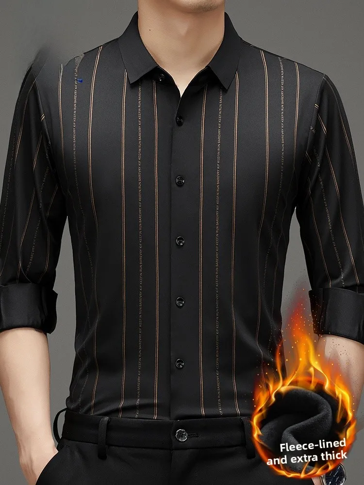 

Lormen Men's Fce Lined Thiened Long Sve Busin Casual Warm irt Stripe Pattern Button up Polyester Fiber Winter Wear