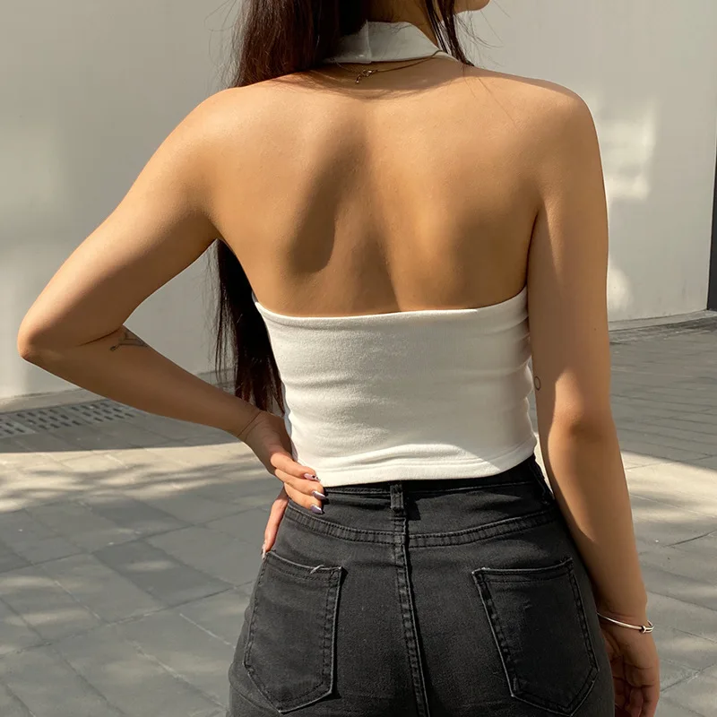 Summer Sexy Short Sleeve Crop Top Women's Slim Fit Thread Detailing Hanging Neck Backless Vest Sweet Style Pure Color Top