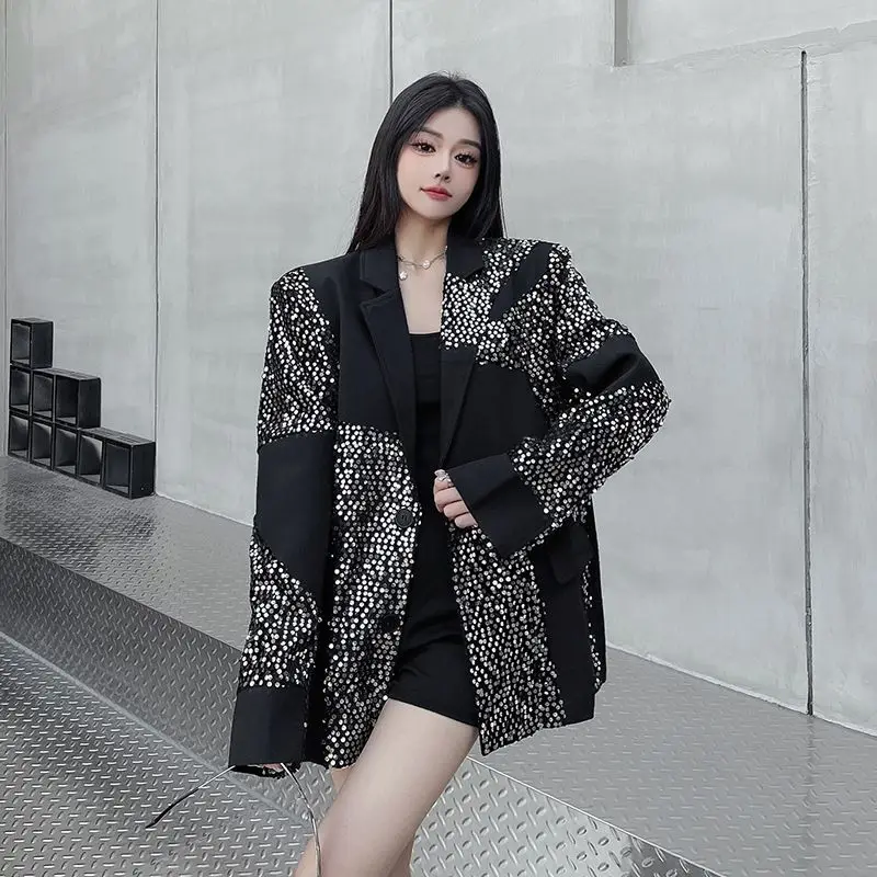 High-end Heavy Industry Sequined Splicing Suit Women's Spring New Design Niche Shoulder Padded Suit  Street Corner Moist Person